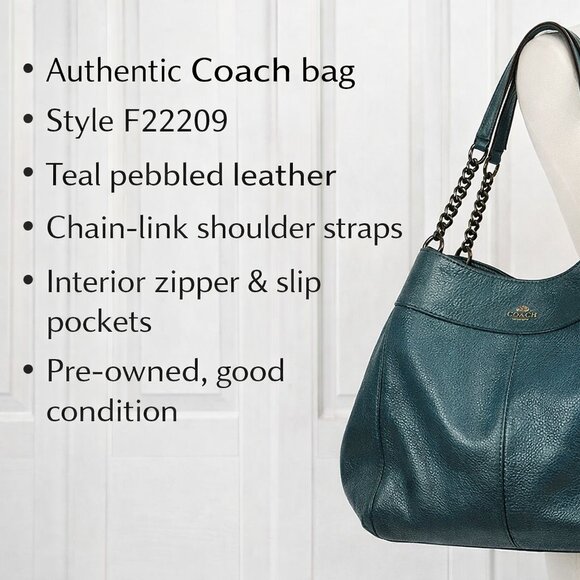 Coach F22209 Teal Pebbled Leather Chain Shoulder Hobo Bag Purse - Picture 2 of 10